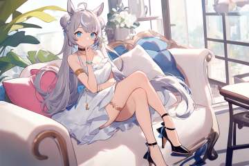 1girl,  umamusume, ask \(askzy\), torino aqua, migolu, solo, (1o1i:1.1), medium breasts, silver hair, (light purple hair:0.6), very long hair, hair between eyes, looking at viewer, tareme, horse girl, blue eyes, horse tail, sidelocks, hair bun, jewelry, necklace, ahoge, cleavage, full body, hand to own mouth, choker, sitting, thighlet, animal ears, long hair, bracelet, horse ears, double bun, earrings, breasts, armlet, hair ornament, tail, cafe, fashion, casual, blurry, cushion, streaked hair, high heels, bare shoulders, frills, black footwear, strappy heels, official alternate costume, couch, white skirt, blurry background, crossed legs, closed mouth, skirt, masterpiece, newest, absurdres, safe