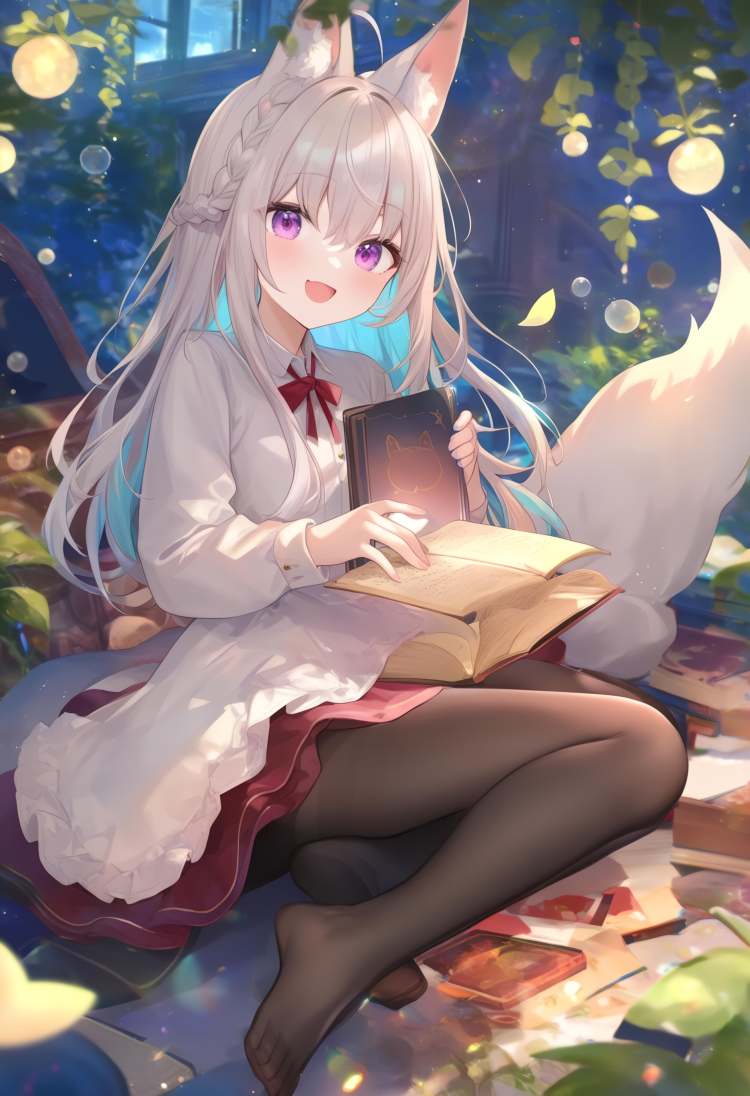 1girl, hiten,  (azuuru:1.1), (torino aqua:1.2), (azuuru:1.1), kedama milk, fuzichoco, ask \(askzy\), chen bin, atdan, hito, mignon, fox girl, crown braid, ahoge, animal ears, braid, pantyhose, tail, long sleeves, fox tail, open book, :d, long hair, holding book, sitting, fox ears, smile, virtual youtuber, book, crossover, black pantyhose, looking at viewer, open mouth, solo, purple eyes, skirt, white hair, full body, holding, masterpiece, newest, absurdres, sensitive