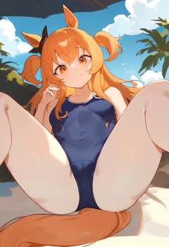 1girl, mayano top gun \(umamusume\), umamusume, shiro9jira, ciloranko, ask \(askzy\), (tianliang duohe fangdongye:0.8), solo, (1o1i:1.5), swimsuit, blue sky, sitting, horse girl, (medium breasts:1.1), closed mouth, beach, tail, animal ears, orange hair, smile, breasts, school swimsuit, one-piece swimsuit, two side up, day, orange eyes, horse tail, horse ears, sky, outdoors, cloud, looking at viewer, long hair, covered navel, spread legs, blue one-piece swimsuit, thighs, masterpiece, newest, absurdres, sensitive