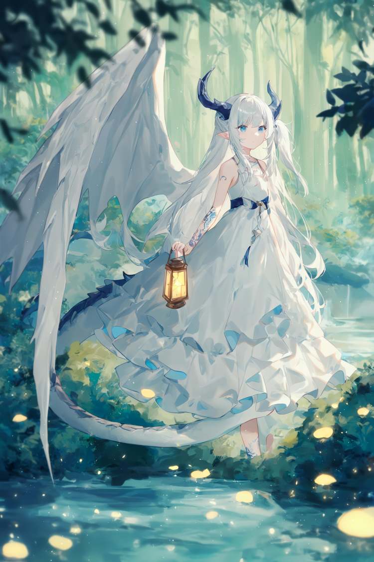 1girl,ask \(askzy\), torino aqua, migolu, (jiu ye sang:1.1), (rumoon:0.9), (mizumi zumi:1.1),1o1i, solo, dragon girl, dragon tail, dragon wings, dragon horns, white dress, long hair, side up, river, tree, forest, pointy ears, (close-up:0.8), outdoors, white wings, tattoo, water, sidelocks, dress, full body, scenery, tail, horns, light particles, lantern, arm tattoo, fireflies, wings, blue eyes, standing, white hair, nature,masterpiece, newest, absurdres, safe