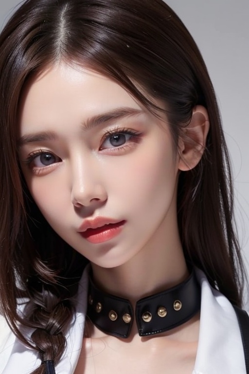1girl solo brown hair closed mouth grey background collar lips realistic ,  beauty,  yui on Tensor.Art