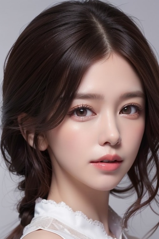 1girl solo brown hair closed mouth grey background collar lips realistic ,  beauty,  yui on Tensor.Art