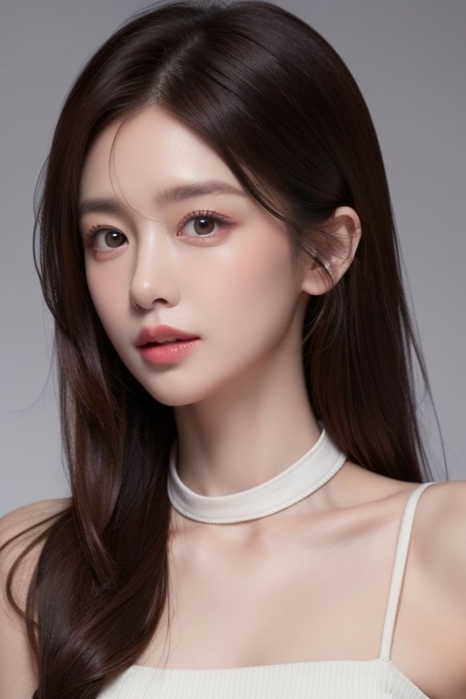 1girl solo brown hair closed mouth grey background collar lips realistic ,  beauty,  yui on Tensor.Art