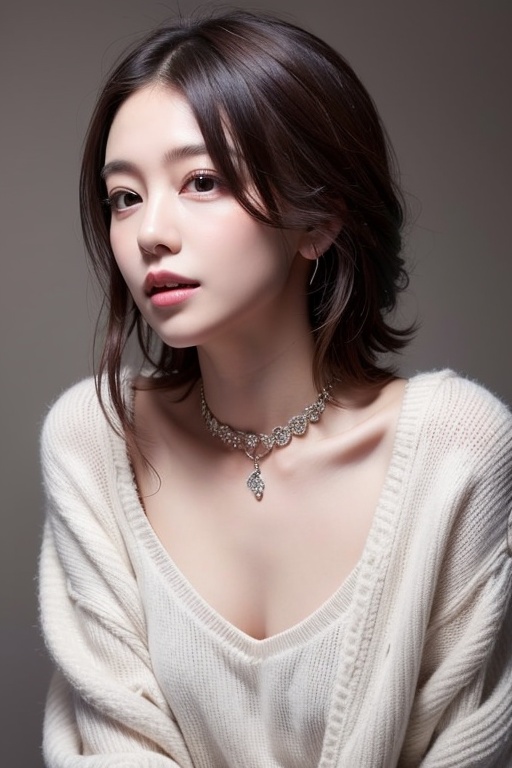 1girl solo brown hair closed mouth grey background collar lips realistic ,  beauty,  yui on Tensor.Art