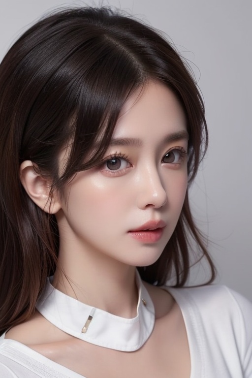 1girl solo brown hair closed mouth grey background collar lips realistic ,  beauty,  yui on Tensor.Art