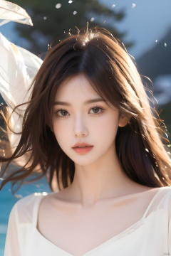  extremely detailed,realistic,1girl,solo,black hair,long hair,Messy hair,black eyes,lips,collarbone,flower,upper body,portrait,dress,close_mouth,looking at viewer,side,beauty,floating petals,blurry background,Split Lighting,deep shadow,cowboy shot,white dress,melancholic expression,Elegant movements,crying,(tears),Low maintenance,snowing,outdoors,at the ocean,,