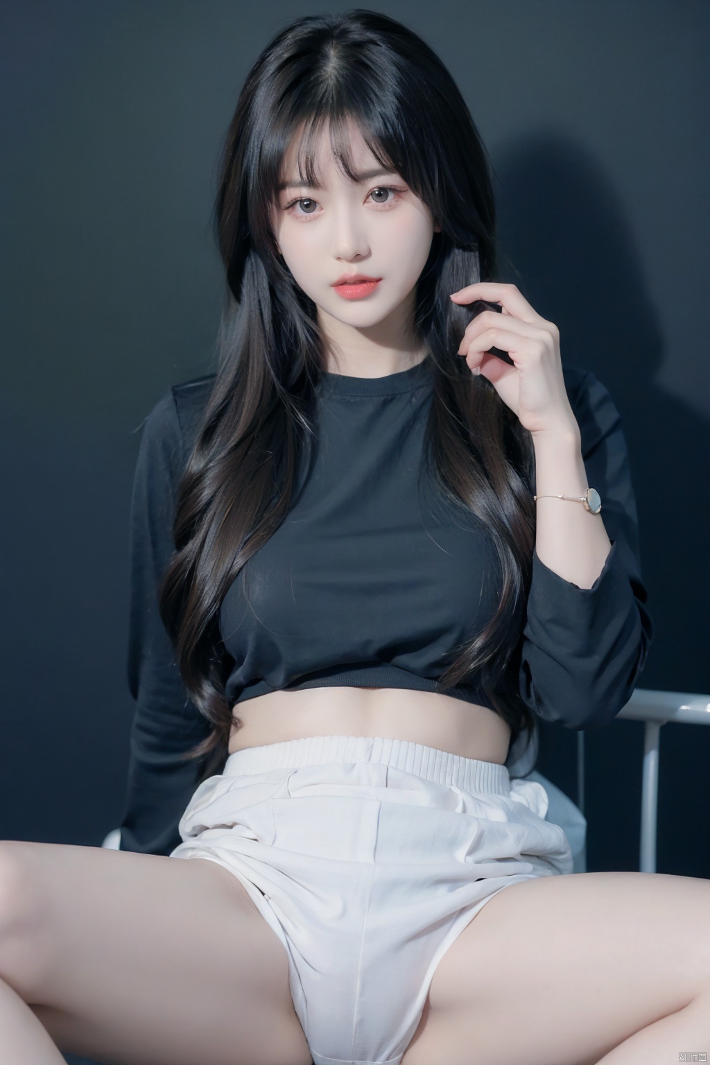  1girl,solo,black hair,long hair,jewelry,bangs,looking at viewer,blunt bangs,grey eyes,branch,bracelet,upper body,ring,flower,lips,straight hair,hand up,closed mouth,black background,red lips,beads,long sleeves,moyou, Spread legs