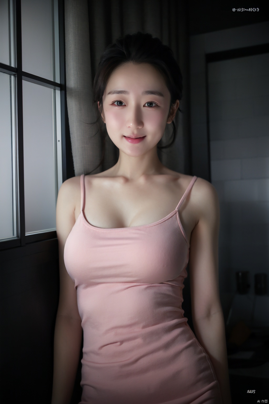  1girl,solo,upper body,in the dark,naked,deep shadow,Cinematic Lighting, black and white image,Ultra photoreal, Insane Details, 16K, Pastel color grading, Realistic, --ar 3:4 --style raw --s 750 --v 6.0, smile