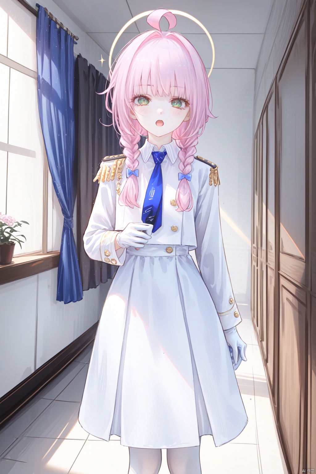  1girl,(masterpiece:1.3),( beautiful:1.2),(high quality:1.2),(finely detailed:1.2),extremely detailed CG unity 8k wallpaper,best quality,a very delicate and beautiful,perfect fingers, (one cute girl at the center:1.2), looking_at_viewer, blush, open_mouth,
long hair, bangs, skirt, gloves, long sleeves, dress, green eyes, pink hair, braid, ahoge, pantyhose, sidelocks, necktie, white gloves, blunt bangs, white dress, uniform, halo, white footwear, white pantyhose, epaulettes, blue necktie, half-closed eyes, kayaBA, cowboy_shot, sunlight, indoors, white pantyhose, 
1girl, solo,looking at viewer, standing, indoors,