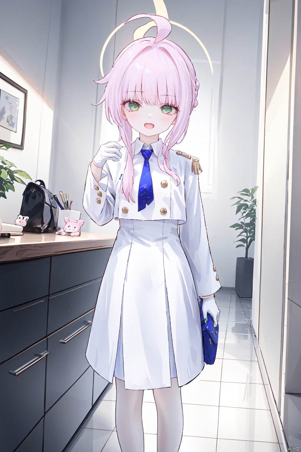  1girl,(masterpiece:1.3),( beautiful:1.2),(high quality:1.2),(finely detailed:1.2),extremely detailed CG unity 8k wallpaper,best quality,a very delicate and beautiful,perfect fingers,(one cute girl at the center:1.2), looking_at_viewer, blush, open_mouth,
long hair, bangs, skirt, gloves, long sleeves, dress, green eyes, pink hair, braid, ahoge, pantyhose, sidelocks, necktie, white gloves, blunt bangs, white dress, uniform, halo, white footwear, white pantyhose, epaulettes, blue necktie, half-closed eyes, kayaBA, cowboy_shot,
1girl, solo,looking at viewer, standing, indoors,