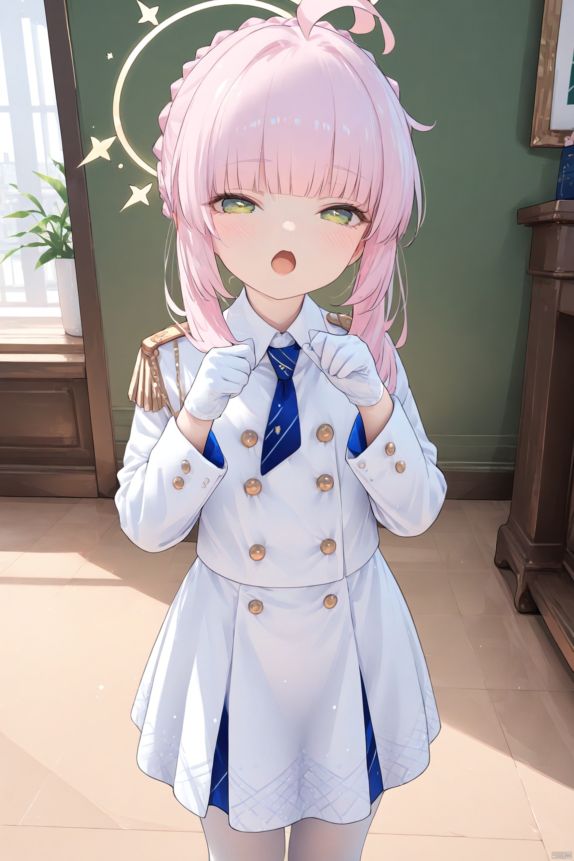  1girl,(masterpiece:1.3),( beautiful:1.2),(high quality:1.2),(finely detailed:1.2),extremely detailed CG unity 8k wallpaper,best quality,a very delicate and beautiful,perfect fingers,(one cute girl at the center:1.2), looking_at_viewer, blush, open_mouth,
long hair, bangs, skirt, gloves, long sleeves, dress, green eyes, pink hair, braid, ahoge, pantyhose, sidelocks, necktie, white gloves, blunt bangs, white dress, uniform, halo, white footwear, white pantyhose, epaulettes, blue necktie, half-closed eyes, kayaBA, cowboy_shot,
1girl, solo,looking at viewer, standing, indoors, 