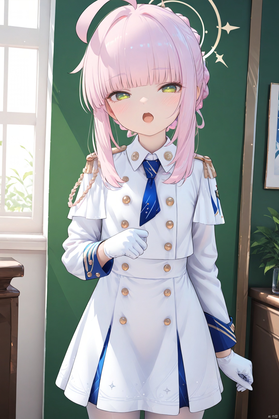  1girl,(masterpiece:1.3),( beautiful:1.2),(high quality:1.2),(finely detailed:1.2),extremely detailed CG unity 8k wallpaper,best quality,a very delicate and beautiful,perfect fingers,(one cute girl at the center:1.2), looking_at_viewer, blush, open_mouth,
long hair, bangs, skirt, gloves, long sleeves, dress, green eyes, pink hair, braid, ahoge, pantyhose, sidelocks, necktie, white gloves, blunt bangs, white dress, uniform, halo, white footwear, white pantyhose, epaulettes, blue necktie, half-closed eyes, kayaBA, cowboy_shot,
1girl, solo,looking at viewer, standing, indoors,