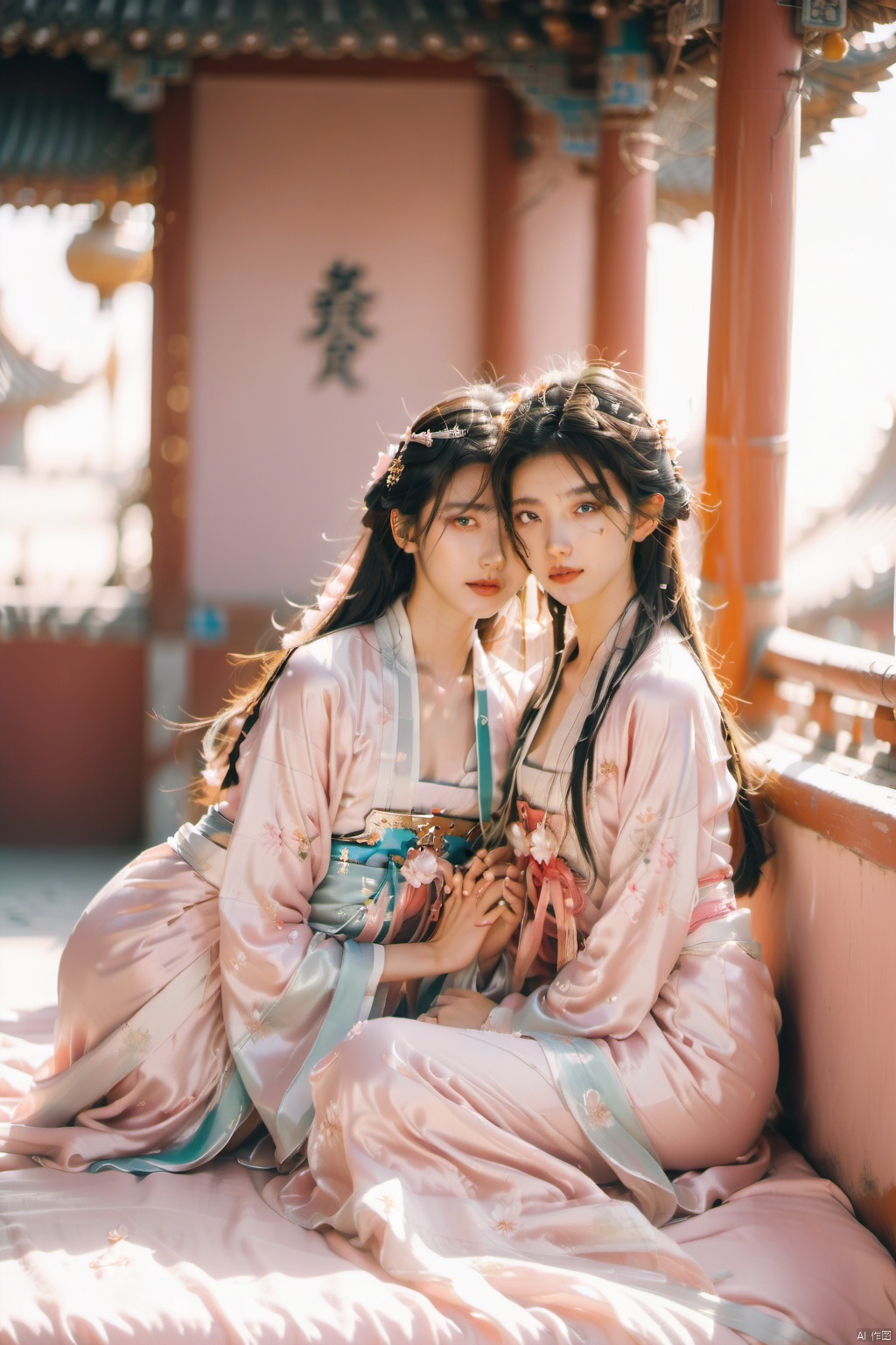 Two beautiful and gentle girls are lying on a soft pink bed, hugging each other's waist, sticking out their tongues and kissing, with tender, silky white skin, pink lips, and slender straight legs., ((poakl)), arien_hanfu