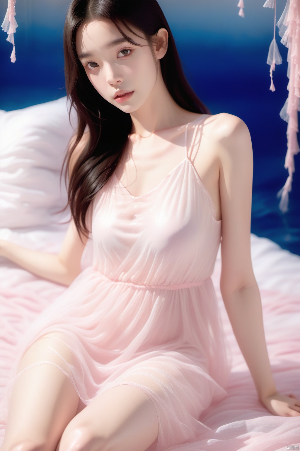Beautiful gentle elder sister is wearing translucent gauze dress, stand on pink floor, it is white big bed next to, the skin of white water tender and silky is graceful, slender and straight beautiful leg., MAJICMIX STYLE