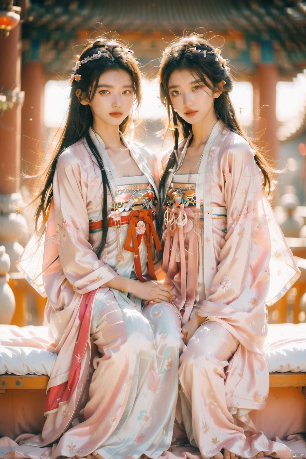 Two beautiful and gentle girls are lying on a soft pink bed, hugging each other's waist, sticking out their tongues and kissing, with tender, silky white skin, pink lips, and slender straight legs., ((poakl)), arien_hanfu