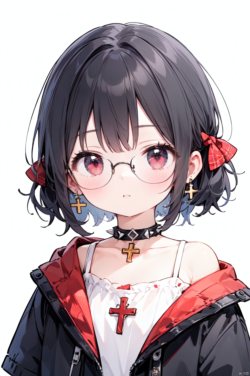 1girl, solo, glasses, jewelry, cross, spiked_choker, earrings, black_hair, shirt, spikes, looking_at_viewer, round_eyewear, hair_bow, jacket, simple_background, blush, bow, white_shirt, medium_hair, choker, grey_background, parted_lips, cross_earrings, green_jacket, upper_body, short_sleeves, off_shoulder, red_eyes, plaid_bow, bangs, frills, black_choker, ribbon_trim, spiked_collar, collar, latin_cross