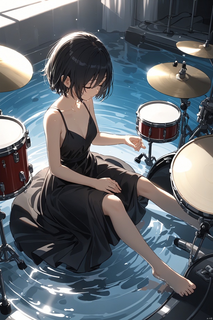  breathtaking girl, solo, short hair, black hair, dress, bare shoulders, sitting, closed eyes, barefoot, water, black dress, drum set, backlight, colors . award-winning, professional, highly detailed