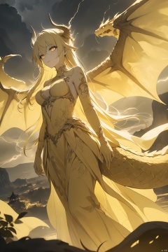  (anime art: 1.21), (dragon: 1.1), (dragon in background: 1.21), 1girl with wings on back, looking at viwer, snake eyes, (yellow theme: 1.5), (monochrome: 1.1), (ethereal beauty: 1.4), (captivating lighting: 1.2), (ethereal aura: 1.3), (mysterious ambiance: 1.2), (thunder in the distance: 1.2), (fantasy art: 1.3), (ethereal scene: 1.3), , masterpiece,best quality,8k,insane details,intricate details,high detail,((masterpiece)), ((best quality))