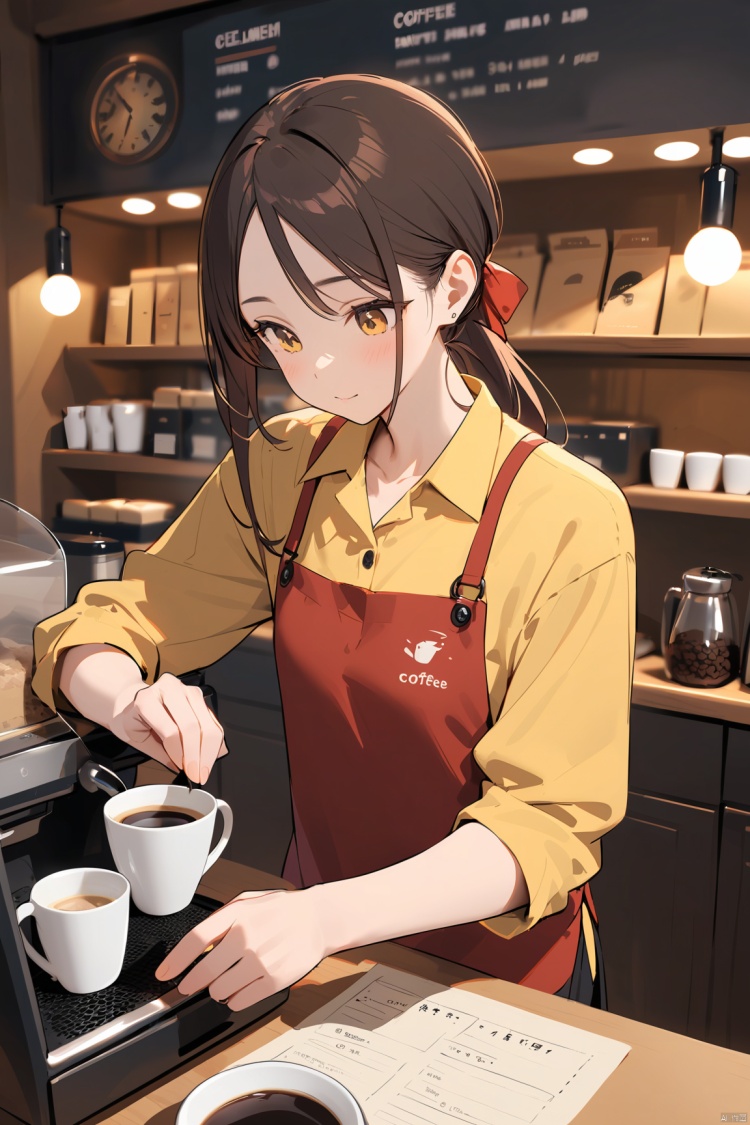  A clerk with yellow shirt in a coffee shop is making coffee