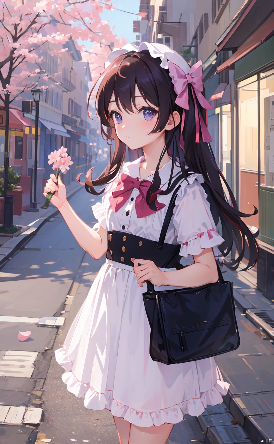 masterpiece,8k,best quality,loli,solo,((depth of field)),bowknot,long hair,light,street,sakura