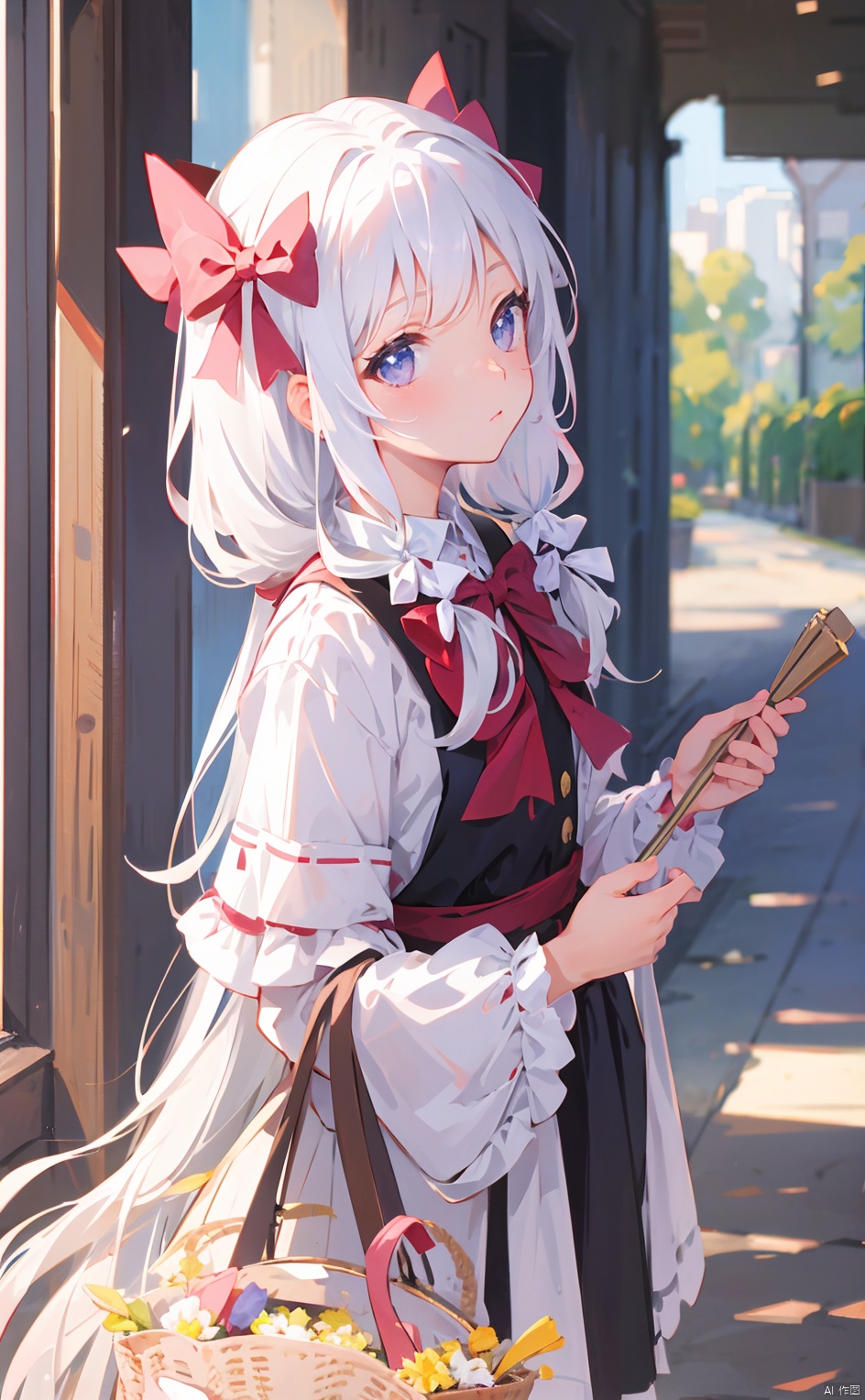 masterpiece,8k,best quality,loli,solo,white hair,((depth of field)),bowknot,long hair,light,