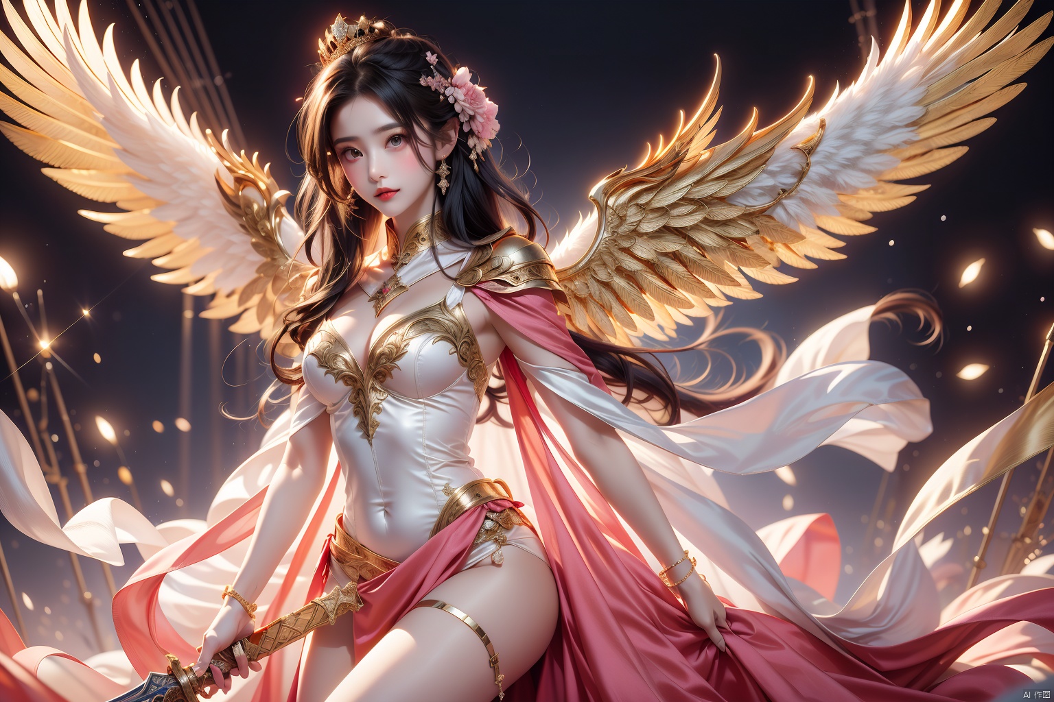 Beautiful and gentle angel queen sister and angel sister from the sky down to the ground, holding a golden sword, pink gauze clothes, golden wings, white silky straight legs, majestic