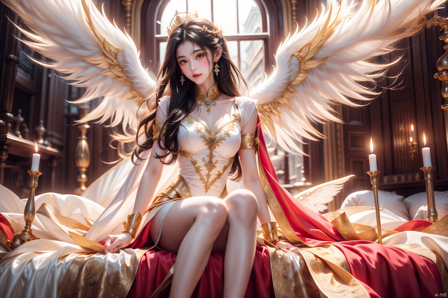 Beautiful and gentle angel queen sister and angel sisters from the sky down to the ground, holding a golden sword, pink gauze clothes, golden wings, white silky straight legs, Beautiful white feet,Ten beautiful and gentle girls,majestic,