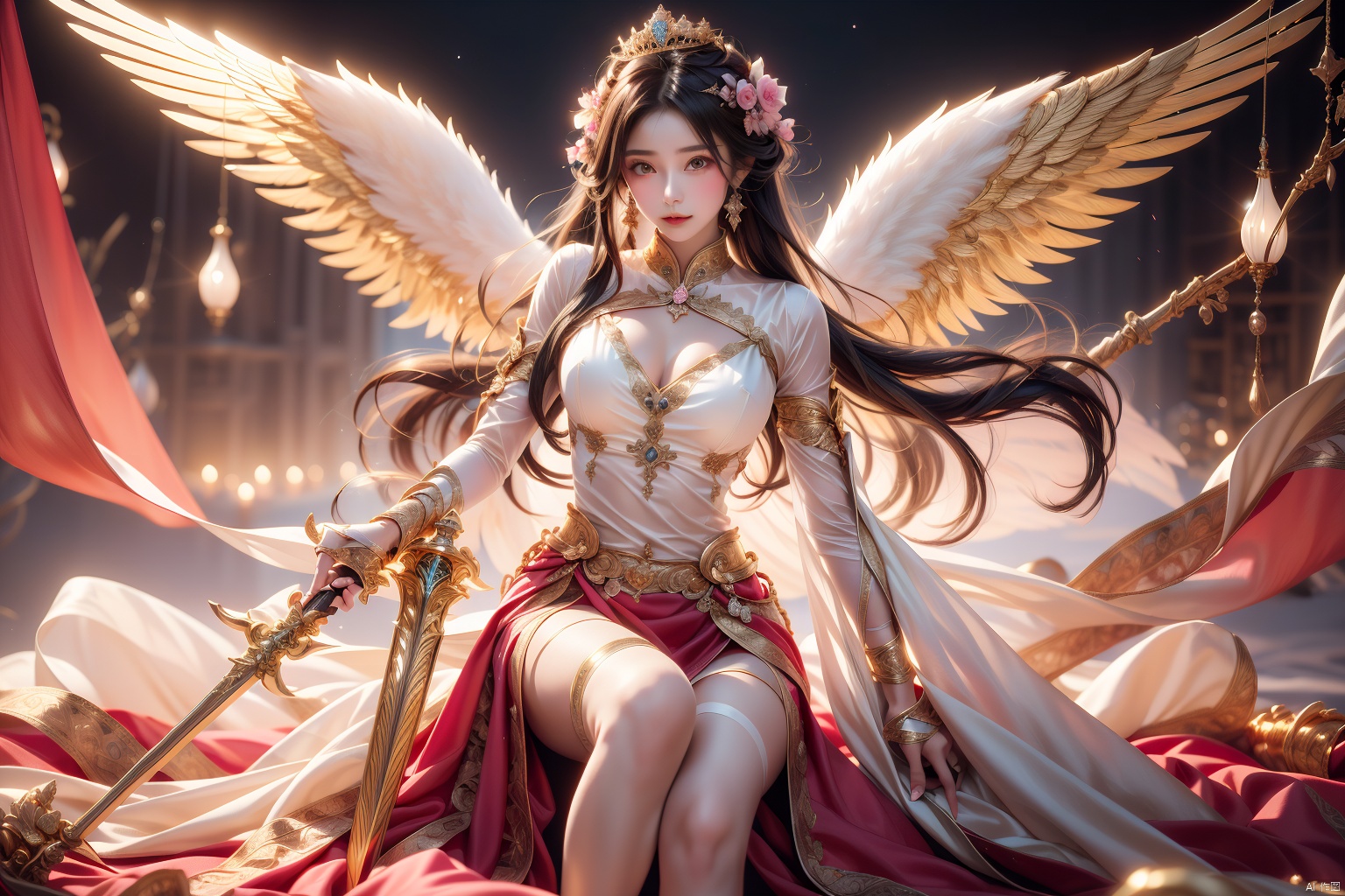 Beautiful and gentle angel queen sister and angel sister from the sky down to the ground, holding a golden sword, pink gauze clothes, golden wings, white silky straight legs, majestic