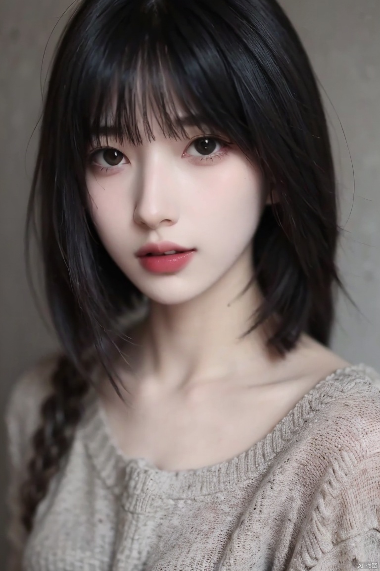  1girl, solo, long_hair, black_hair, lips, realistic, looking_at_viewer, grey_background, nose