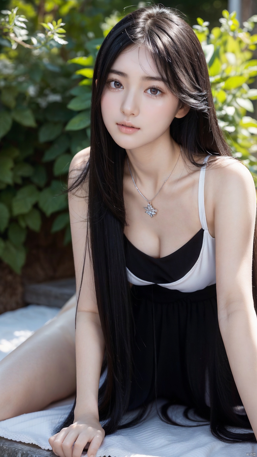 (long black hair),outdoor,(close up),(white skin),(original photography:1.5),a girl, ((Exquisite and perfect beautiful face,Beautiful and delicate eyes、double eyelids)),young girl,beautiful nipple,detailed boobs,detailed skin,realism,thick legs,necklace , spread legs,