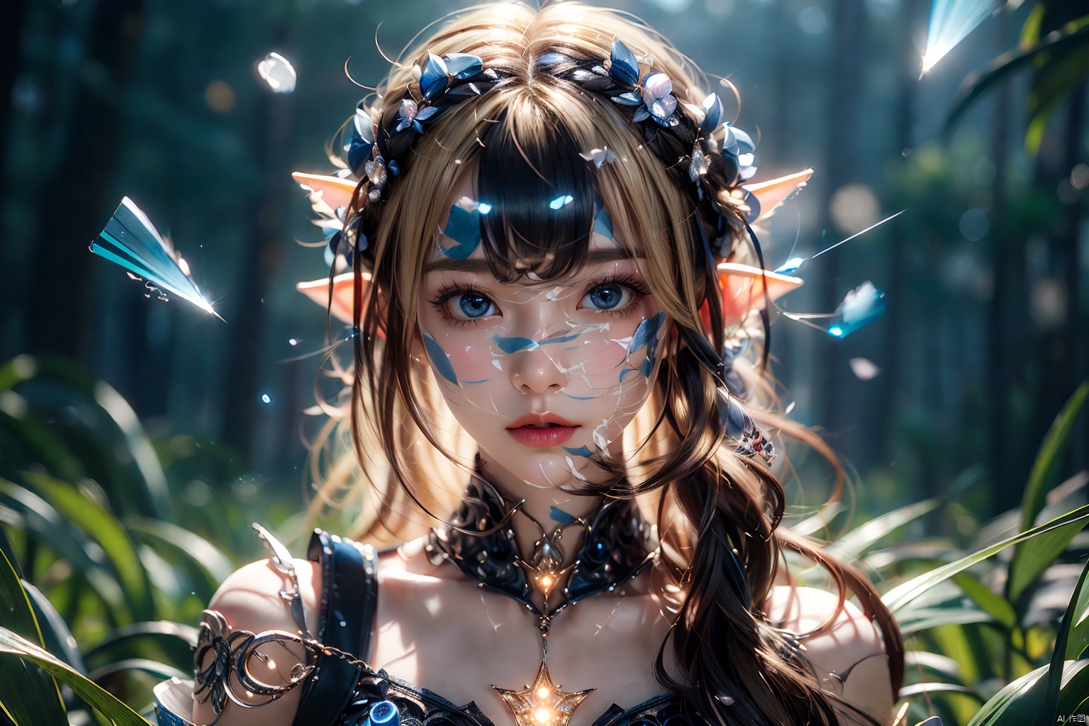 1 girl, normal chest, look at viewer, face portrait, elf, short elf ear, silky skin,surreal photography of a stunningly beautiful, blonde hair, blue eyes, intricate detailed, glowing, highly detailed, masterpiece, light particle, colourful light particles, concept art, 8 k,1girl navia, perfect split lighting