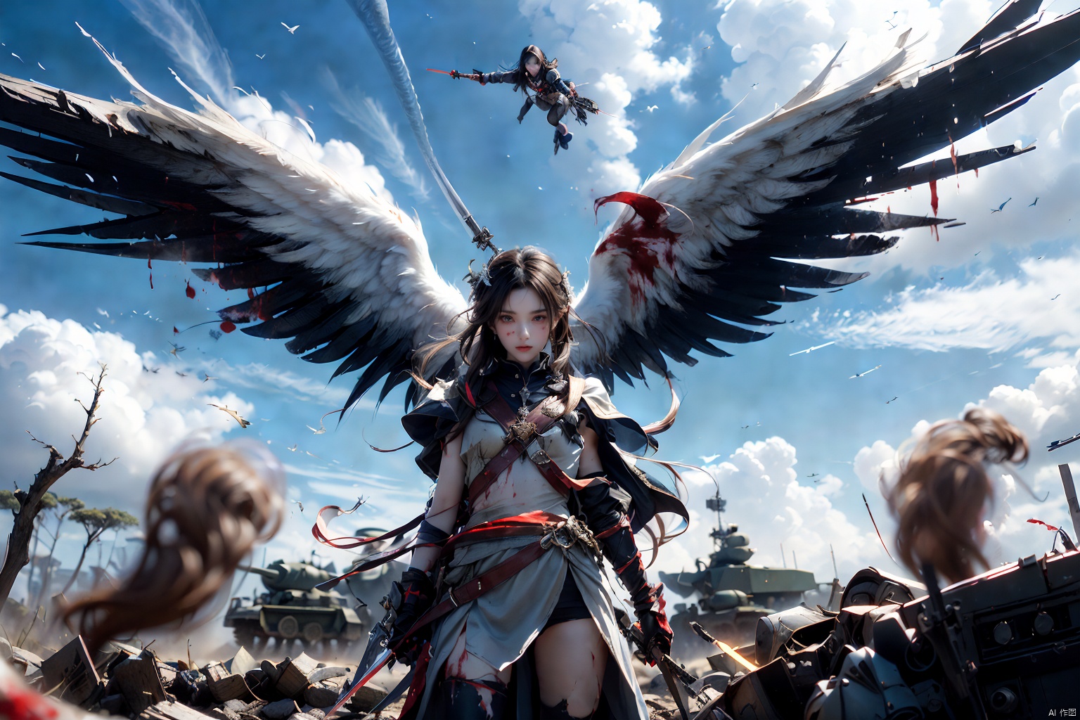 The beautiful and gentle angel sisters are majestic. They hold the giant angel sword in their hands. With a strike of the sword, black smoke from tanks and planes is billowing in the distance. The broken corpses of male humans fly out, staining the earth with blood and flesh. The war continues. Male humans continue to die