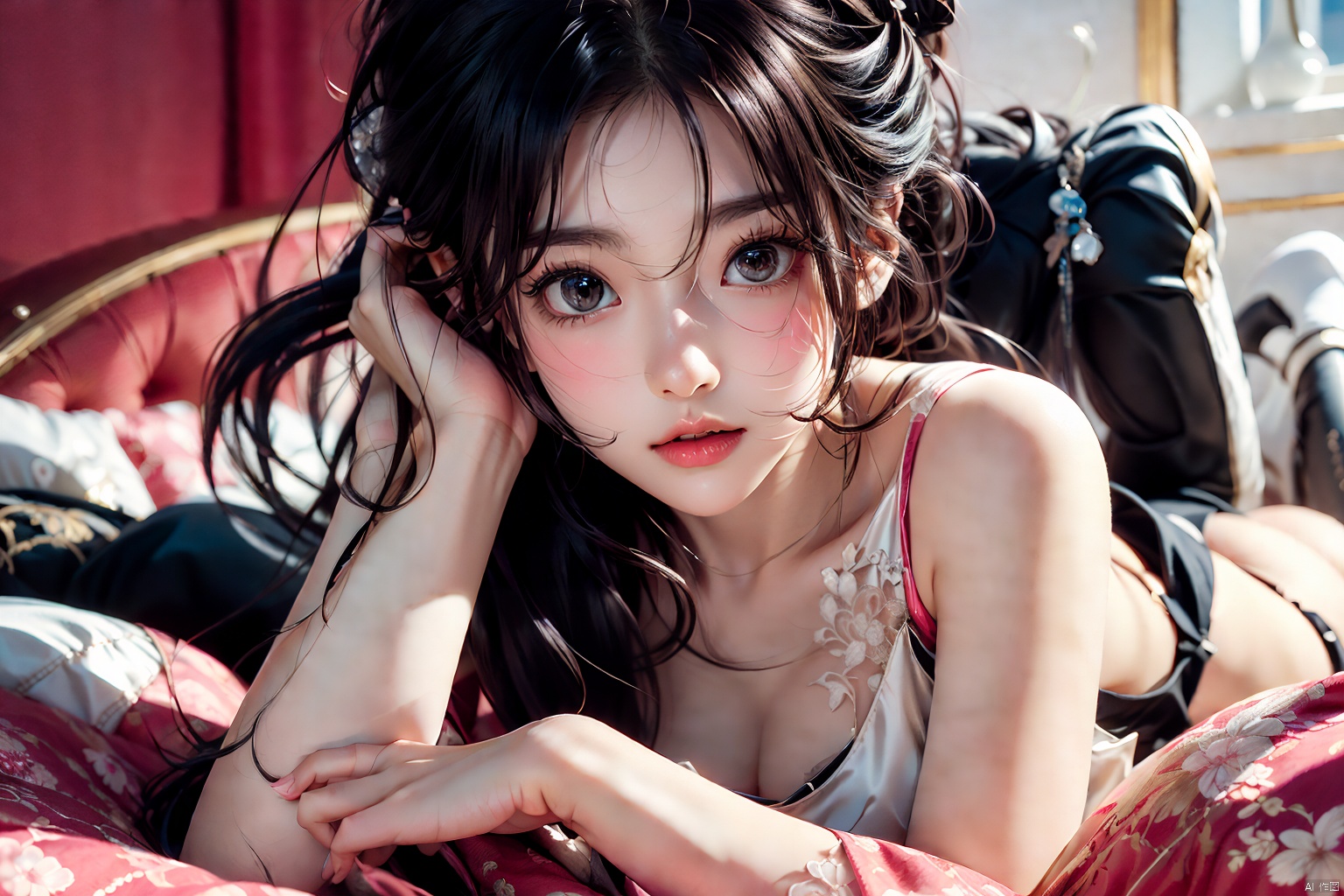 Beautiful and gentle sister lying on the big pink bed, with beautiful long black hair.White and tender skin,Pure brown beautiful eyes, slender beautiful legs, pink walls, Western-style win
