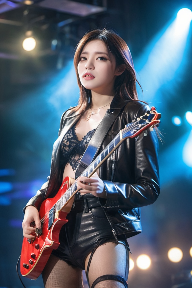 1girl is a rock star singer,  playing a electronic guitar,  wearing nothing but leather coat and pant on Tensor.Art