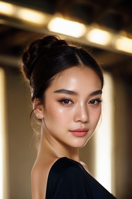 A detailed portrait of a young woman exuding elegance and natural grace. She has a voluminous updo hairstyle with wisps of...
