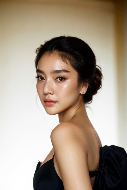 A detailed portrait of a young woman exuding elegance and natural grace. She has a voluminous updo hairstyle with wisps of...
