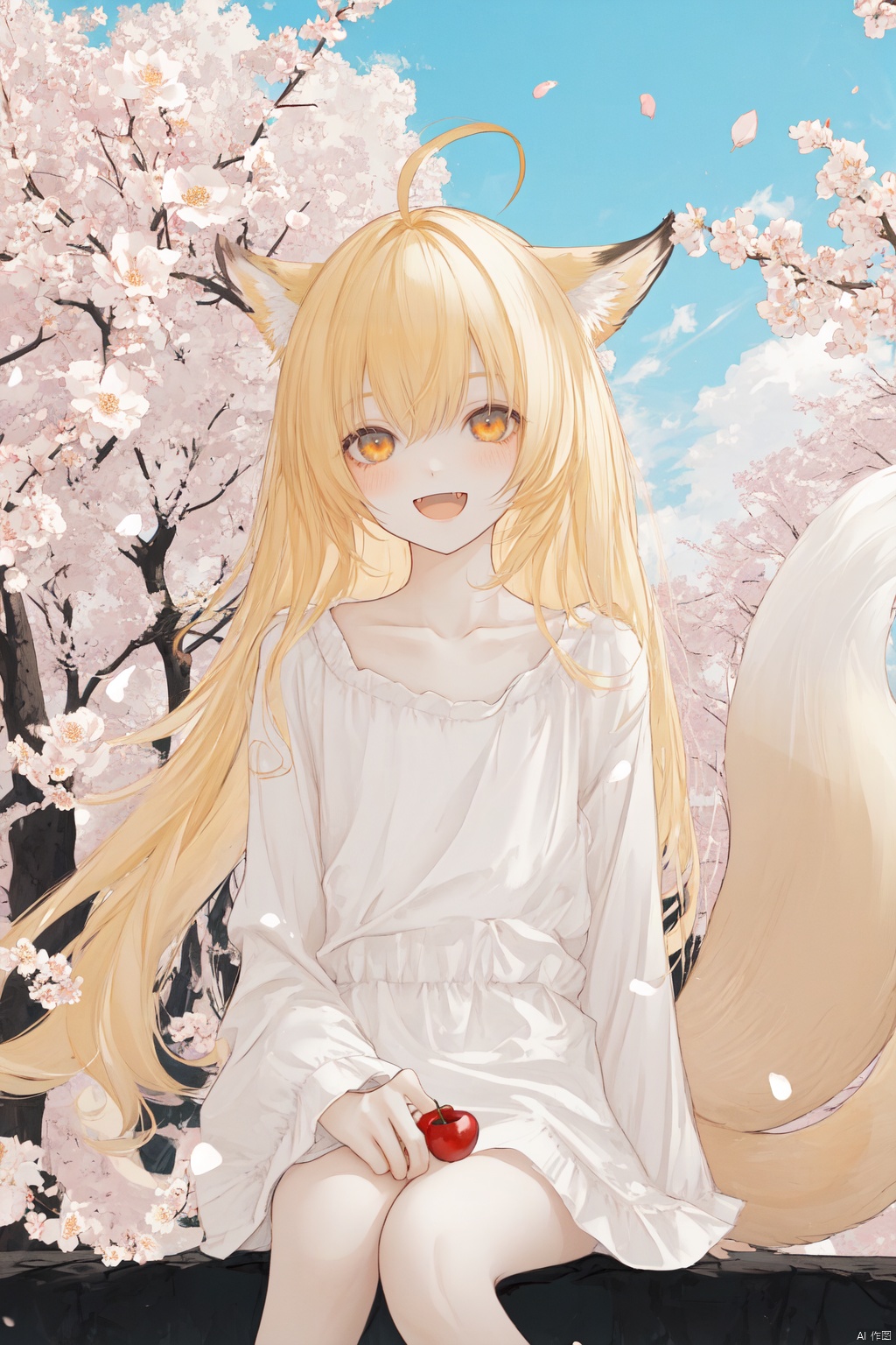  petite,1girl, solo, animal_ears, long_hair, fox_ears, blonde_hair, looking_at_viewer, fang, open_mouth, animal_ear_fluff, sitting, ahoge, smile, fox_girl, fox_tail, cherry_blossoms, tail, orange_eyes, tree, petals, hair_between_eyes, blush, :d, long_sleeves, bangs, collarbone