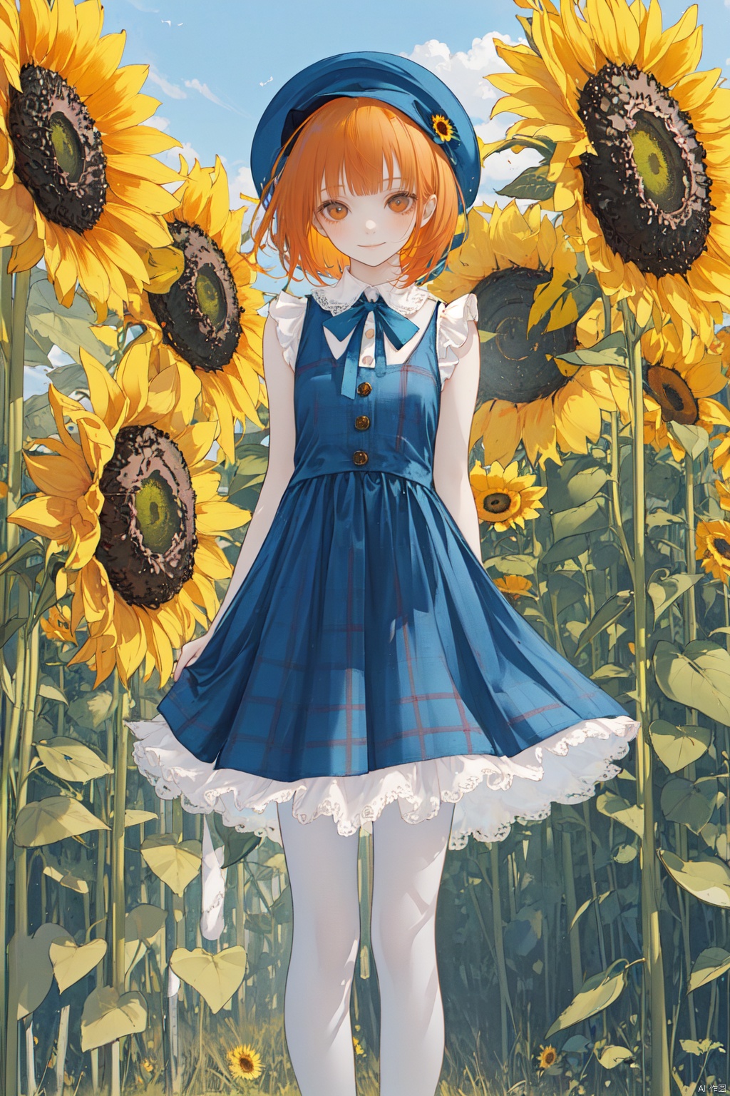 1girl, alone, short hair, orange hair, brown eyes, white cat ears, hat with a blue checkered ribbon decorated with sunflowers, sleeveless dress with blue plaid and sunflowers edged with lace, white tights, black shoes, small smile , standing under a tree on a plain with flowers of various colors, cute, very detailed, soft and sweet girl