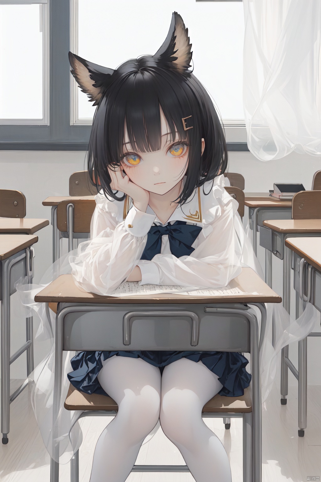 best_quality, extremely detailed details, loli,underage,((shrot)),1_girl,solo,full_body,cute_face,pretty face,extremely delicate and beautiful girls,(beautiful detailed eyes),yellow_eyes,black_hair ,fox_ears,fox_tail,see_through_clothes, school,classroom,desk,chair,school_suit, nagato_(azur_lane),nagatowhite, white pantyhose
