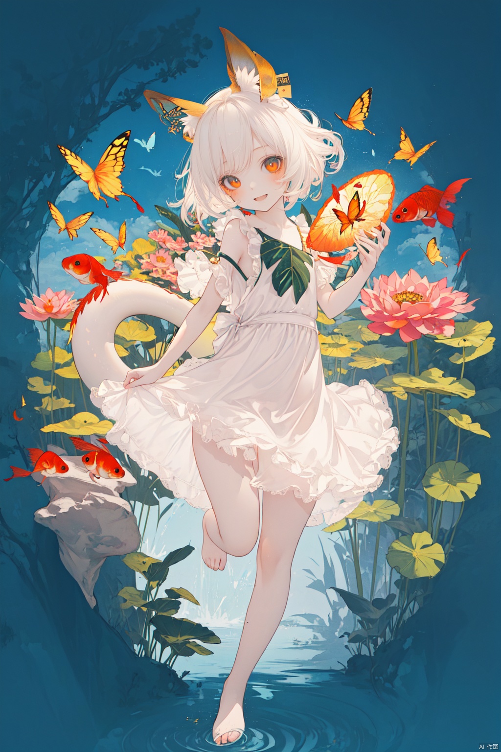  best quality,masterpiece,illustration,1girl,solo,full body,Animal ear,(pond:1.2),Lotus leaf,summer,fruit,Happy expression,Happy action,(Summer wear:1.5),Butterfly,lotus,Dragon ear,(Goldfish:1.1),loli,(Simple background:1.2),Blind box,Acrylic box,fox ear,Dragon ear