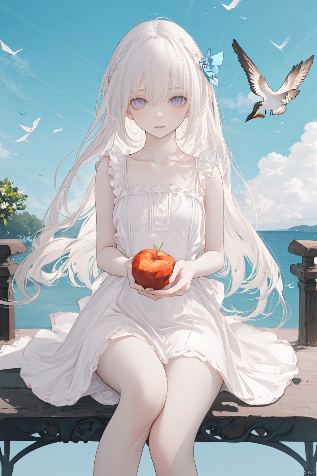  (masterpiece),(best quality),illustration,ultra detailed,hdr,Depth of field,(colorful),[iumu], (Artist miwano rag), 1girl, swing, dress, solo, long_hair, white_dress, purple_eyes, breasts, white_hair, looking_at_viewer, bird, swinging, floating_hair, bare_shoulders, sleeveless_dress, hair_between_eyes, parted_lips, sitting, sundress, sleeveless, very_long_hair, medium_breasts, feet_out_of_frame, collarbone, strap_slip, sky, bare_arms, outdoors, day, holding, blurry_foreground, blue_sky, blurry