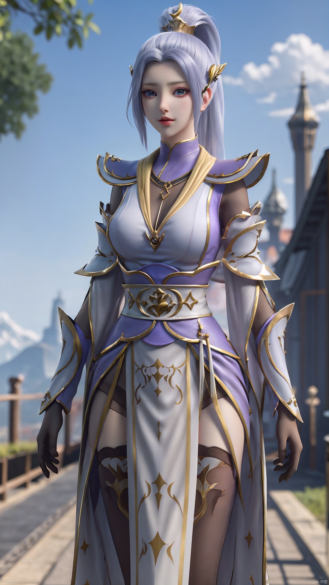 1girl, solo, thighhighs, ponytail, gloves, blue eyes, long hair, breasts, armor, hair ornament, black gloves, looking at viewer, standing, mischevious smile, perfect body, scenery, sharp focus, best quality, masterpiece, detailed outfit, illustration, perfect eyes, finely detailed beautiful anime eyes, realistic skin, intricate details, best lighting, depth of field, ultra high resolution,cowboy_shot, dynamic pose, dynamic angle,