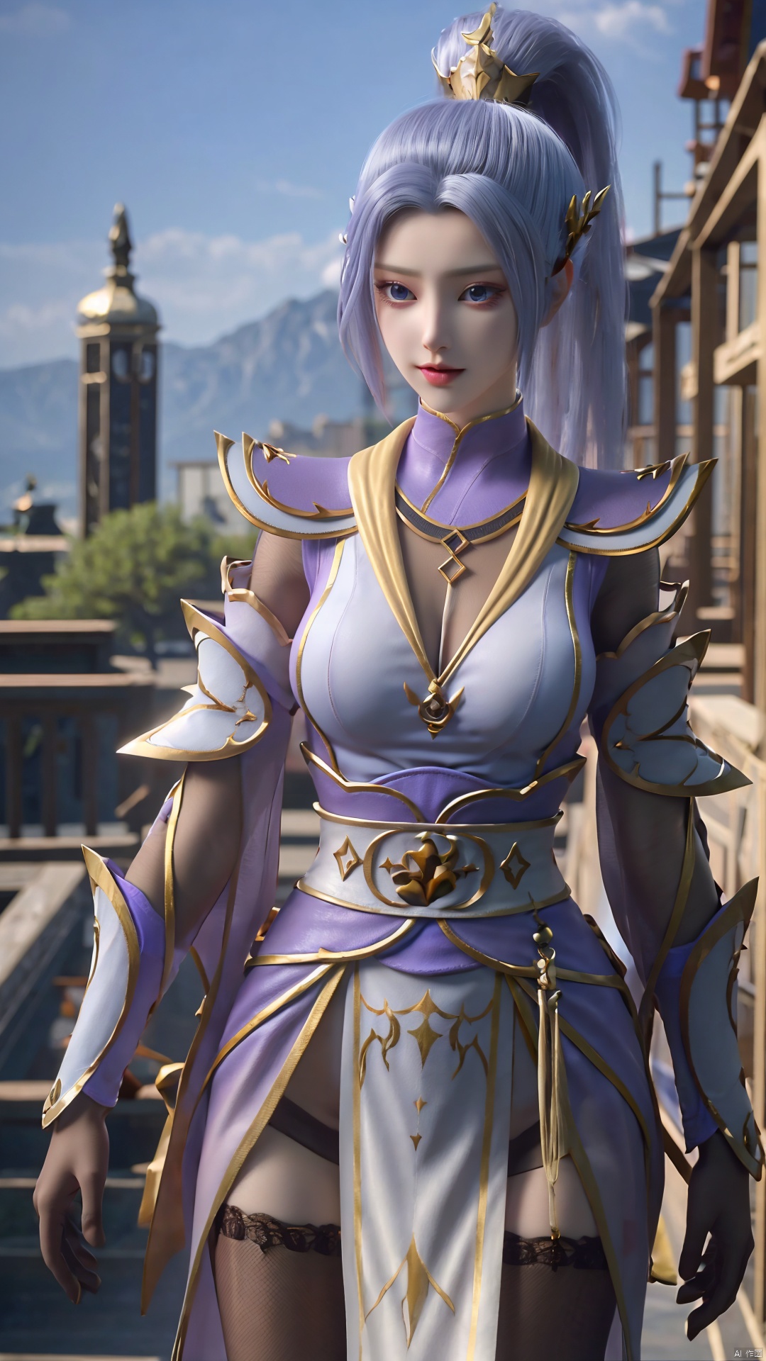 1girl, solo, thighhighs, ponytail, gloves, blue eyes, long hair, breasts, armor, hair ornament, black gloves, looking at viewer, standing, mischevious smile, perfect body, scenery, sharp focus, best quality, masterpiece, detailed outfit, illustration, perfect eyes, finely detailed beautiful anime eyes, realistic skin, intricate details, best lighting, depth of field, ultra high resolution,cowboy_shot, dynamic pose, dynamic angle,