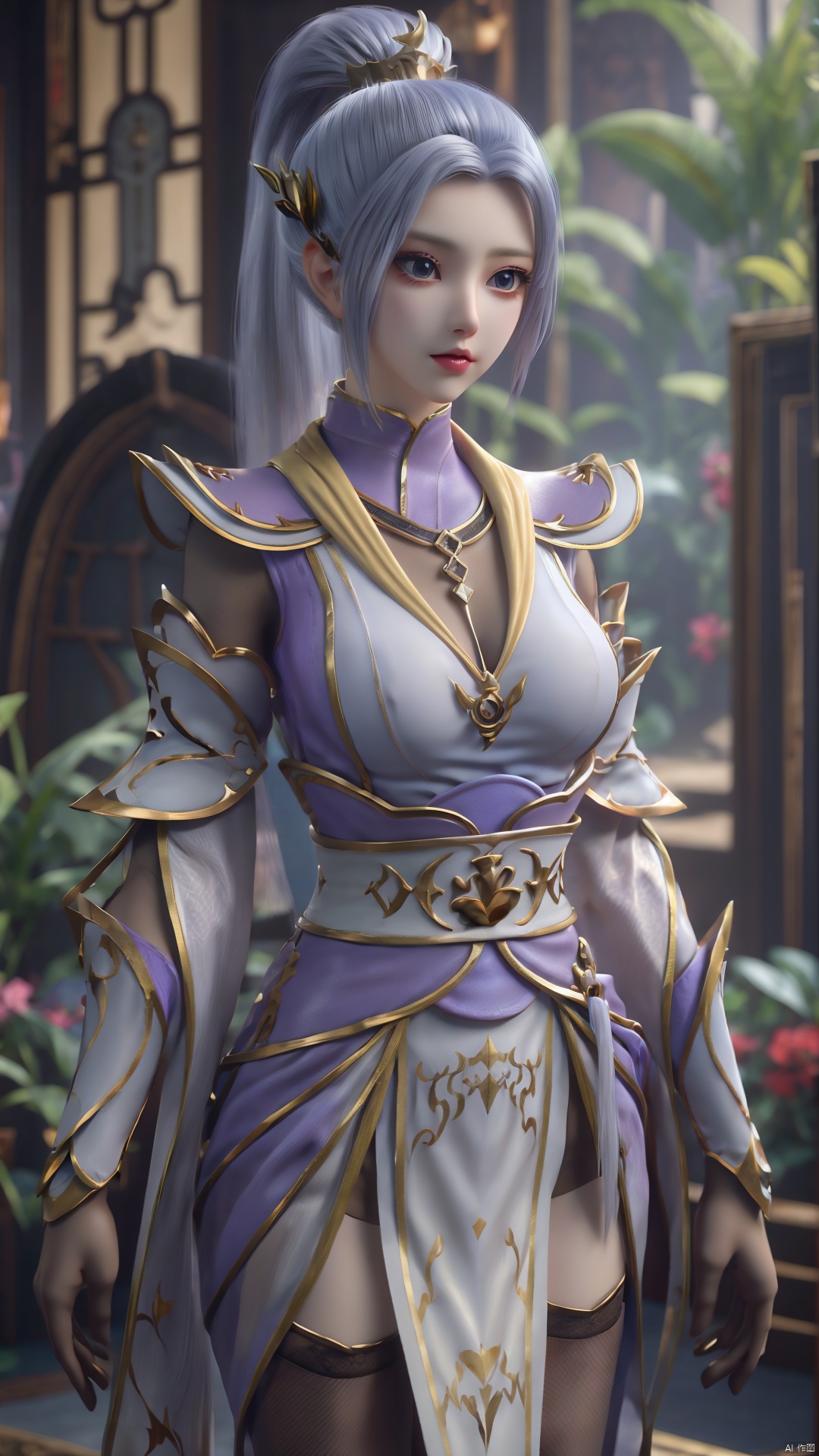 1girl, solo, thighhighs, ponytail, gloves, blue eyes, long hair, breasts, armor, hair ornament, black gloves, looking at viewer, standing, mischevious smile, perfect body, scenery, sharp focus, best quality, masterpiece, detailed outfit, illustration, perfect eyes, finely detailed beautiful anime eyes, realistic skin, intricate details, best lighting, depth of field, ultra high resolution,cowboy_shot, dynamic pose, dynamic angle,