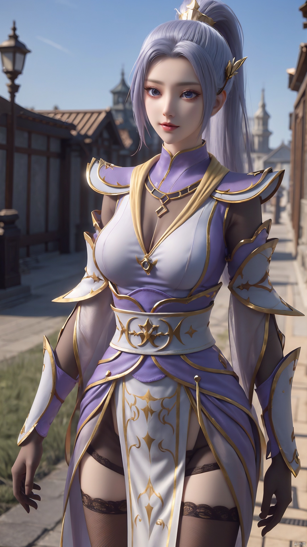 1girl, solo, thighhighs, ponytail, gloves, blue eyes, long hair, breasts, armor, hair ornament, black gloves, looking at viewer, standing, mischevious smile, perfect body, scenery, sharp focus, best quality, masterpiece, detailed outfit, illustration, perfect eyes, finely detailed beautiful anime eyes, realistic skin, intricate details, best lighting, depth of field, ultra high resolution,cowboy_shot, dynamic pose, dynamic angle,