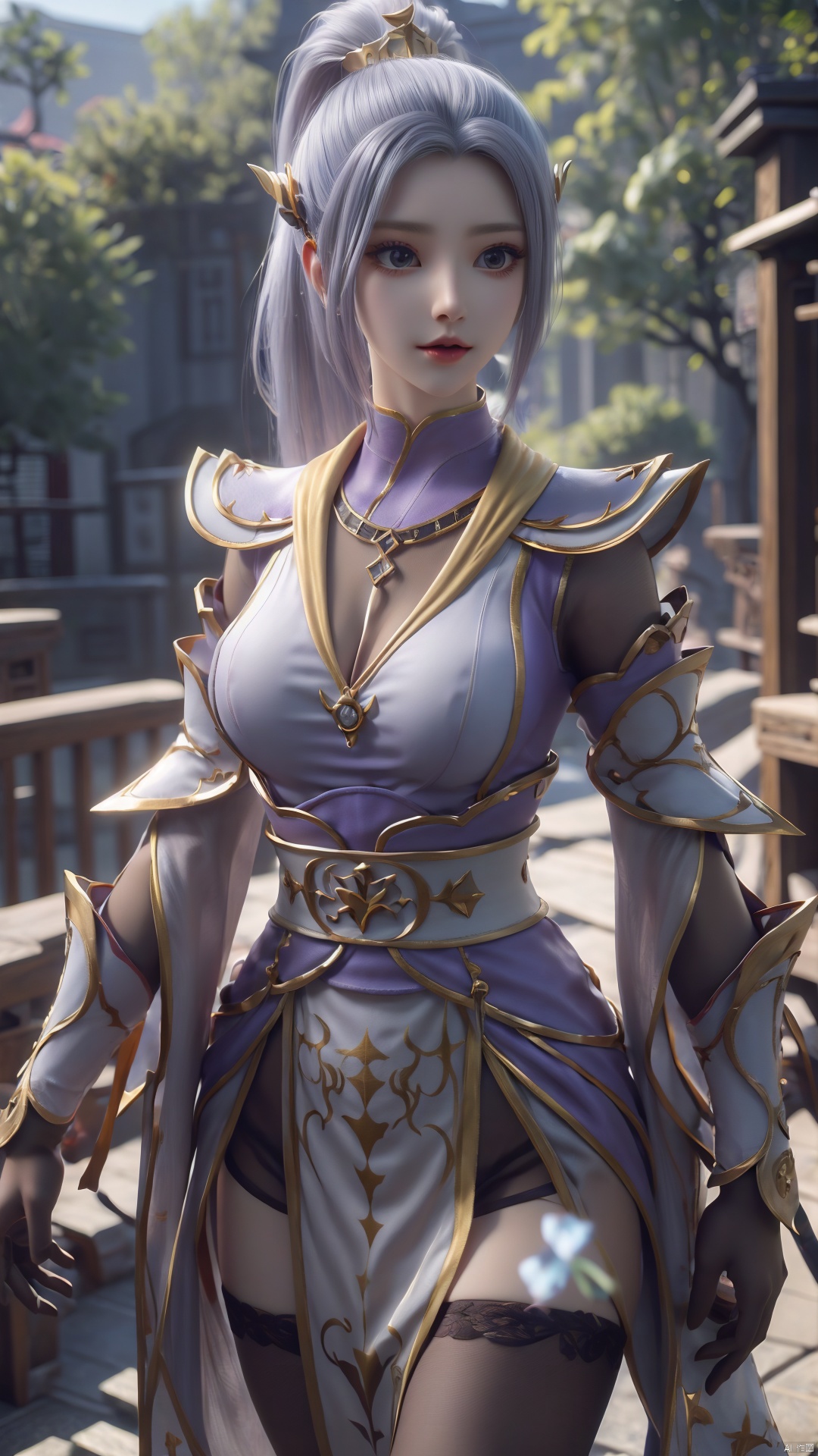 1girl, solo, thighhighs, ponytail, gloves, blue eyes, long hair, breasts, armor, hair ornament, black gloves, looking at viewer, standing, mischevious smile, perfect body, scenery, sharp focus, best quality, masterpiece, detailed outfit, illustration, perfect eyes, finely detailed beautiful anime eyes, realistic skin, intricate details, best lighting, depth of field, ultra high resolution,cowboy_shot, dynamic pose, dynamic angle,