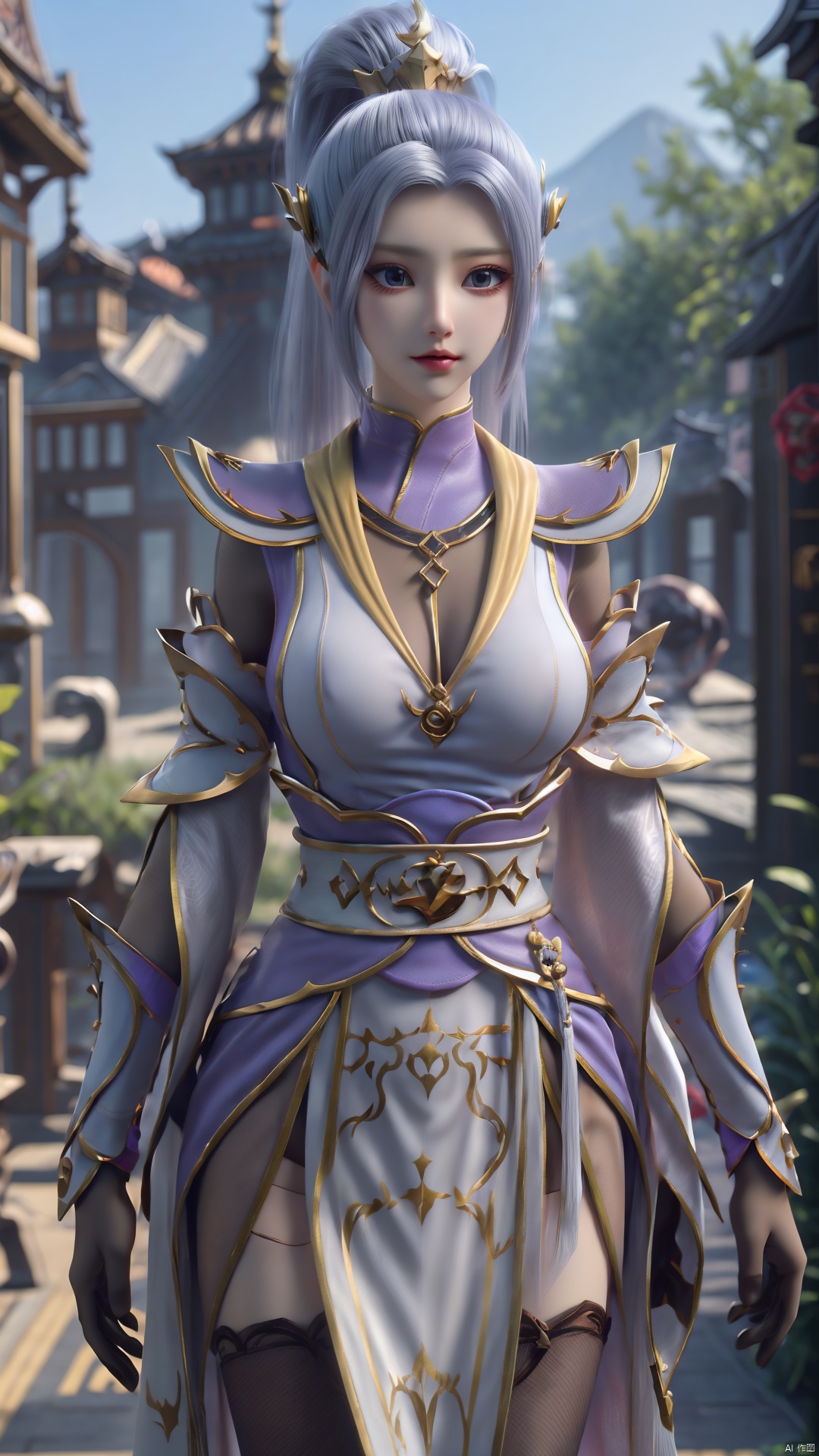 1girl, solo, thighhighs, ponytail, gloves, blue eyes, long hair, breasts, armor, hair ornament, black gloves, looking at viewer, standing, mischevious smile, perfect body, scenery, sharp focus, best quality, masterpiece, detailed outfit, illustration, perfect eyes, finely detailed beautiful anime eyes, realistic skin, intricate details, best lighting, depth of field, ultra high resolution,cowboy_shot, dynamic pose, dynamic angle,