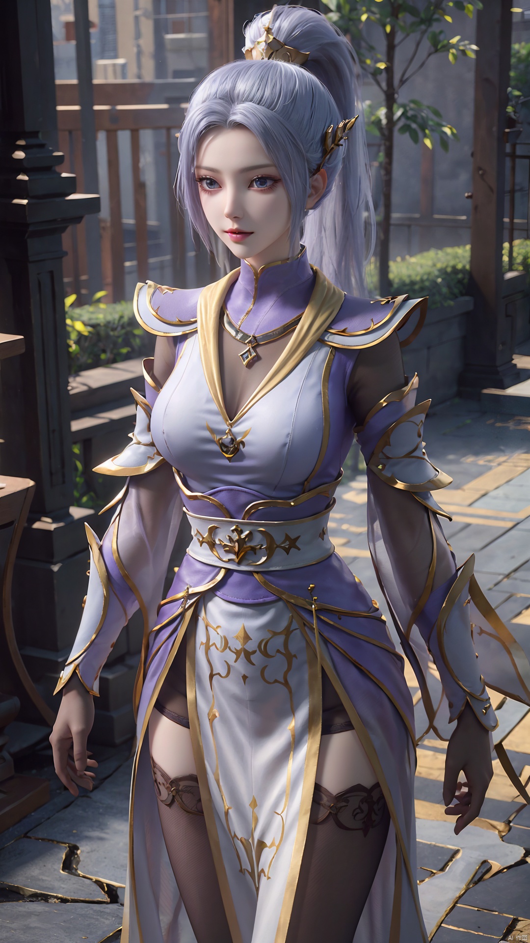 1girl, solo, thighhighs, ponytail, gloves, blue eyes, long hair, breasts, armor, hair ornament, black gloves, looking at viewer, standing, mischevious smile, perfect body, scenery, sharp focus, best quality, masterpiece, detailed outfit, illustration, perfect eyes, finely detailed beautiful anime eyes, realistic skin, intricate details, best lighting, depth of field, ultra high resolution,cowboy_shot, dynamic pose, dynamic angle,