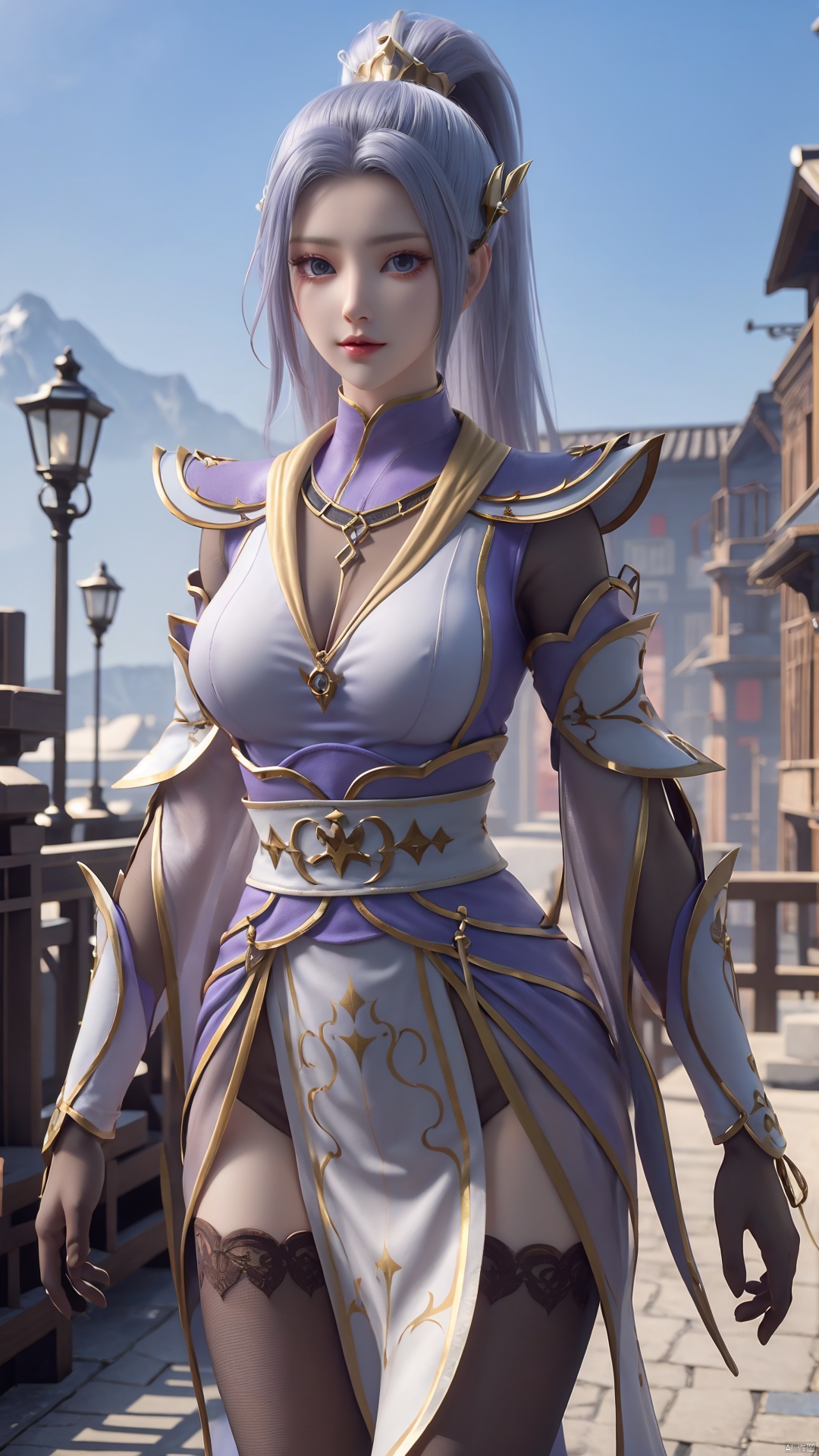 1girl, solo, thighhighs, ponytail, gloves, blue eyes, long hair, breasts, armor, hair ornament, black gloves, looking at viewer, standing, mischevious smile, perfect body, scenery, sharp focus, best quality, masterpiece, detailed outfit, illustration, perfect eyes, finely detailed beautiful anime eyes, realistic skin, intricate details, best lighting, depth of field, ultra high resolution,cowboy_shot, dynamic pose, dynamic angle,