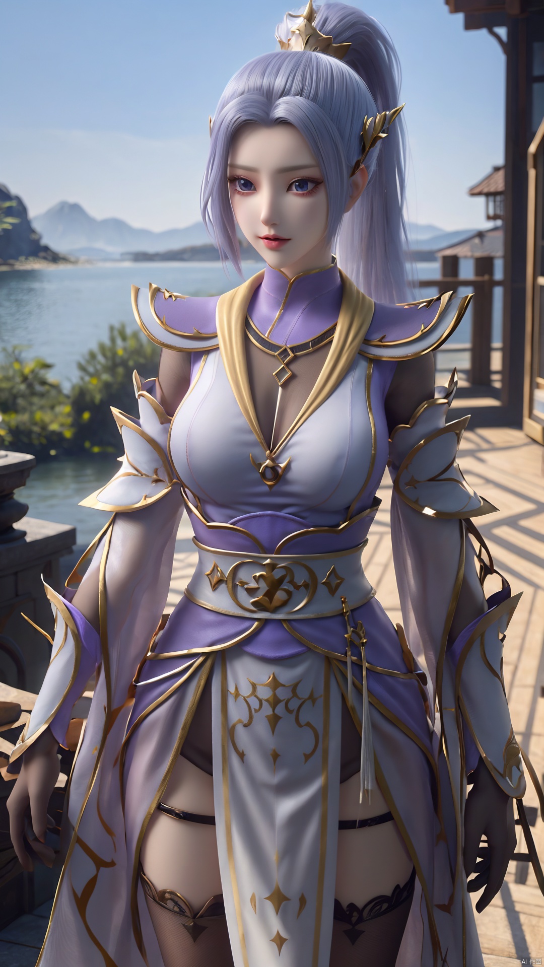 1girl, solo, thighhighs, ponytail, gloves, blue eyes, long hair, breasts, armor, hair ornament, black gloves, looking at viewer, standing, mischevious smile, perfect body, scenery, sharp focus, best quality, masterpiece, detailed outfit, illustration, perfect eyes, finely detailed beautiful anime eyes, realistic skin, intricate details, best lighting, depth of field, ultra high resolution,cowboy_shot, dynamic pose, dynamic angle,